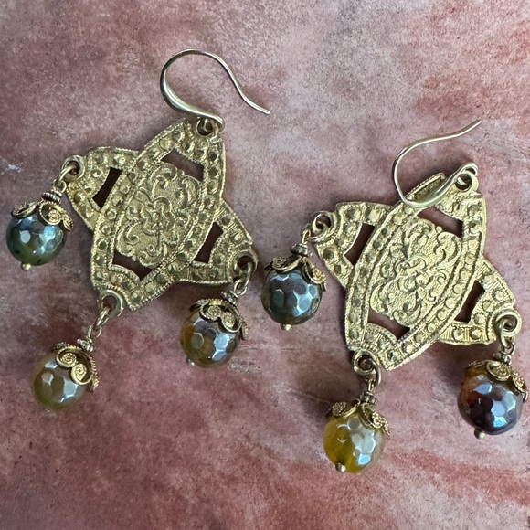 Handmade bohemian gemstone agate drop earrings - Picture 4 of 8